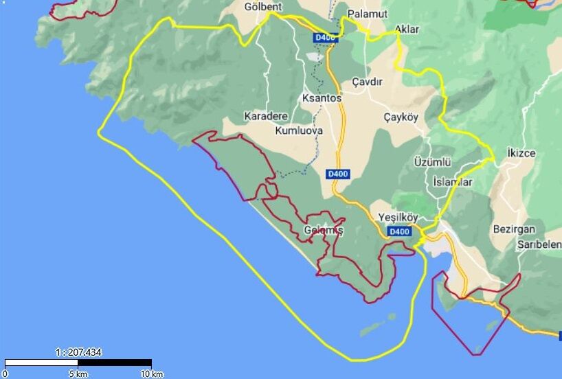 Patara Öçk Bölgesi Sınırları Sarı Çizgili Alanı Kapsıyor. Kırmızı Çizgiyle Belirtilen Alanlar Ise Kesin Korunacak Alanları Gösteriyor